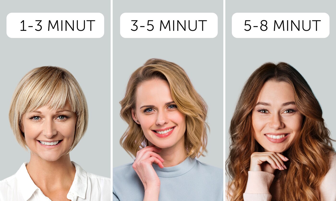 Krótkie włosy 1-3 minuty, średnia długość 3-5 minut, długie lub kręcone 5-8 minut